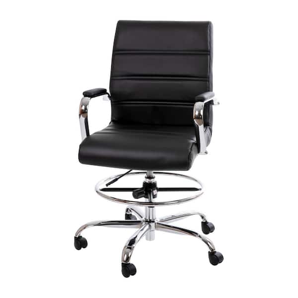 Carnegy Avenue Black/Chrome Whitney Mid-Back Swivel Leather Soft Drafting Chair, Adjustable Height Padded Office Chair with Foot Ring
