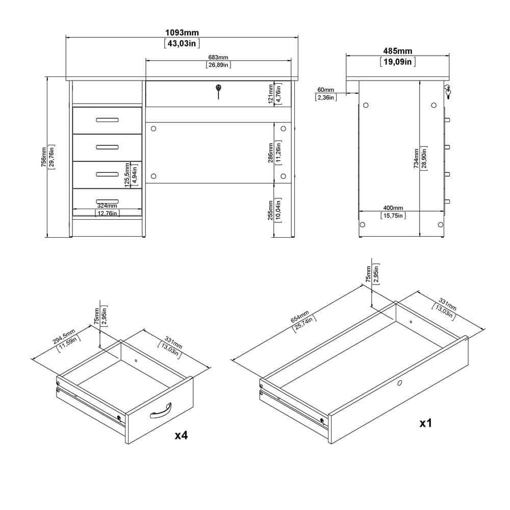 Walden White Engineered Wood Desk with 5 Drawers