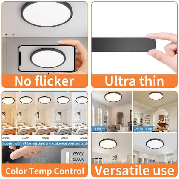 6 Pack 12 in. LED Flush Mount Ceiling Light Modern Flat Round Fixtures 24W 2880LM, Dimmable 2700K-6500K Adjustable Black