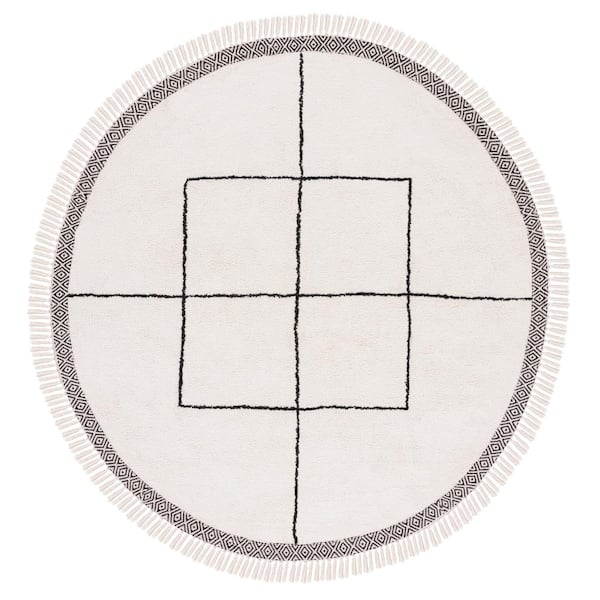SAFAVIEH Easy Care Ivory/Black 6 ft. x 6 ft. Machine Washable Border Striped Geometric Round Area Rug