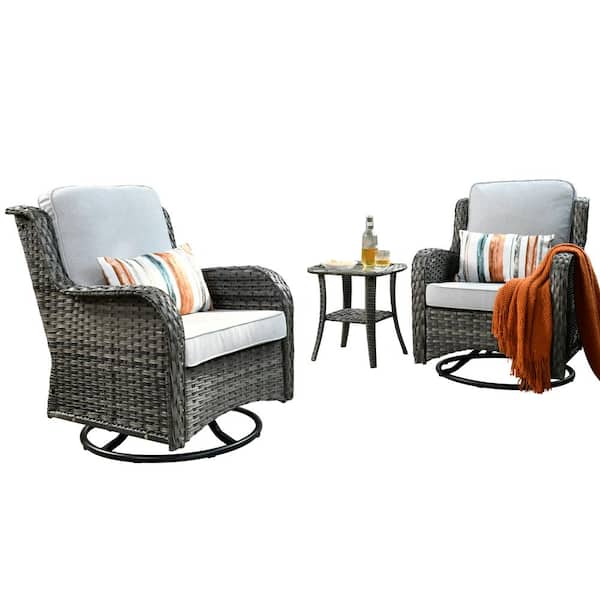 Oreille Grey 3-Piece Wicker Outdoor Patio Conversation Swivel Chair Set with a Side Table and Light Grey Cushions