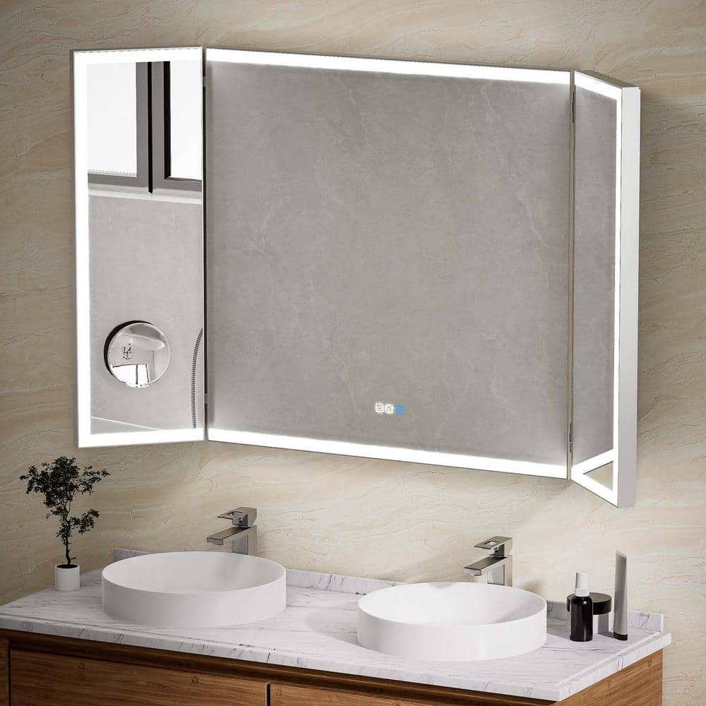 60 in. W x 36 in. H Large Trifold Mirror with Light Wall Mounted LED Bathro