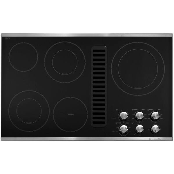 KitchenAid 36 in. Downdraft Vent Ceramic Glass Electric Cooktop in Stainless Steel with 5 Elements including Double-Ring Elements