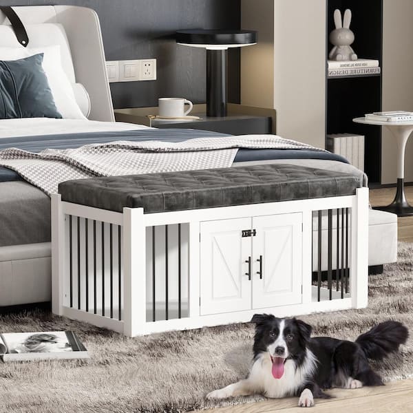 FUFU&GAGA Large Furniture Style Bed End Bench Dog Crate, Indoor Wooden Dog Pens Entryway Bench for Living Room Bedroom Entryway