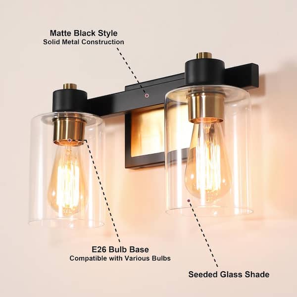 14 in. 2-Light Matte Black and Gold Bathroom Vanity Light with Clear Glass Shades