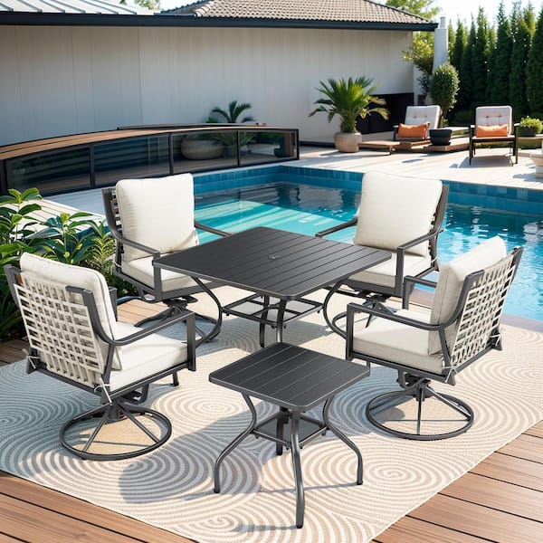 Gymojoy Kelsey 6-Piece All-Weather Gray Wicker Patio Conversation Set with Swivel Chairs, Dining Table and 3 in. Beige Cushions