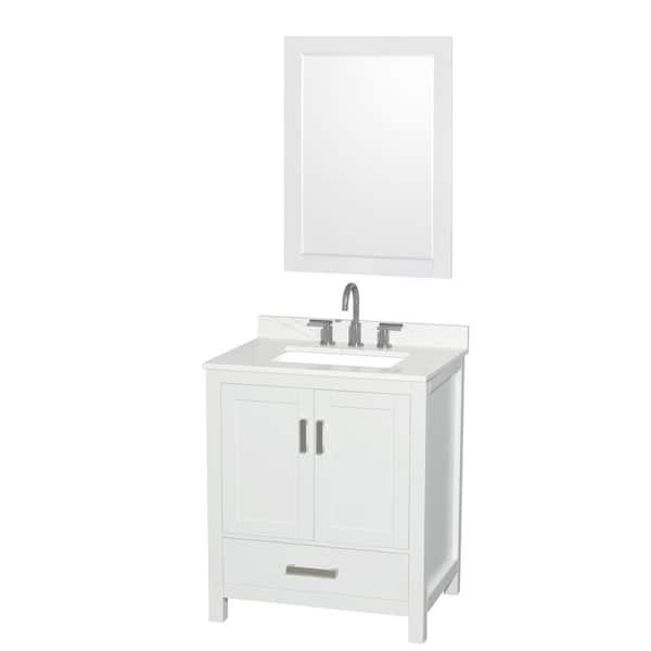 Wyndham Collection Sheffield 30 in. W x 22 in. D x 35 in. H Single Bath Vanity in White with Giotto Quartz Top and 24 in. Mirror