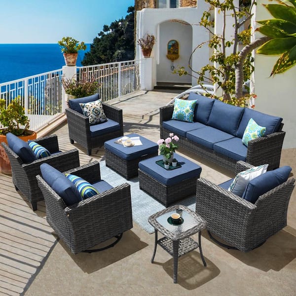 XIZZI Megon Holly Gray 8-Piece Wicker Patio Conversation Seating Sofa Set with Denim Blue Cushions and Swivel Rocking Chairs