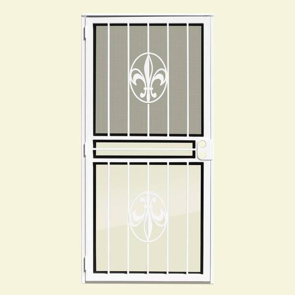 Unique Home Designs 30 in. x 80 in. Fleur de Lis White Recessed Mount All Season Security Door with Insect Screen and Glass Inserts