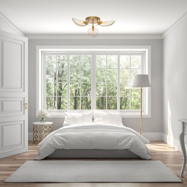 River of Goods Hope 24 in. Trio-Light Semi Flush Mount -Brushed Gold with Metal Leaf Shades