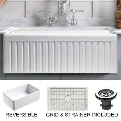 Sutton Place Farmhouse Fireclay 30 in. Single Bowl Kitchen Sink with Grid with Grid and Strainer