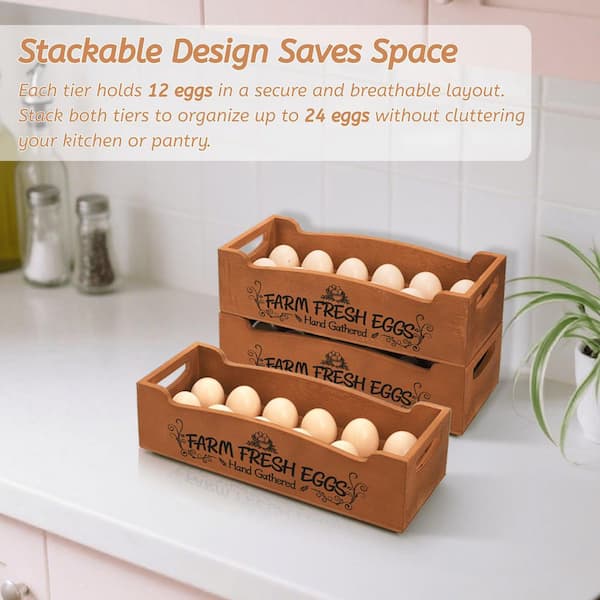 Wudkey Farmhouse 1-Shelf Brown Pine Wood Stackable Egg Holder with