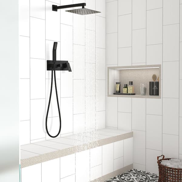 2-Spray Patterns 10 in. Wall Mount with Handheld Shower 2.5 GPM Dual Shower Heads in Matte Black