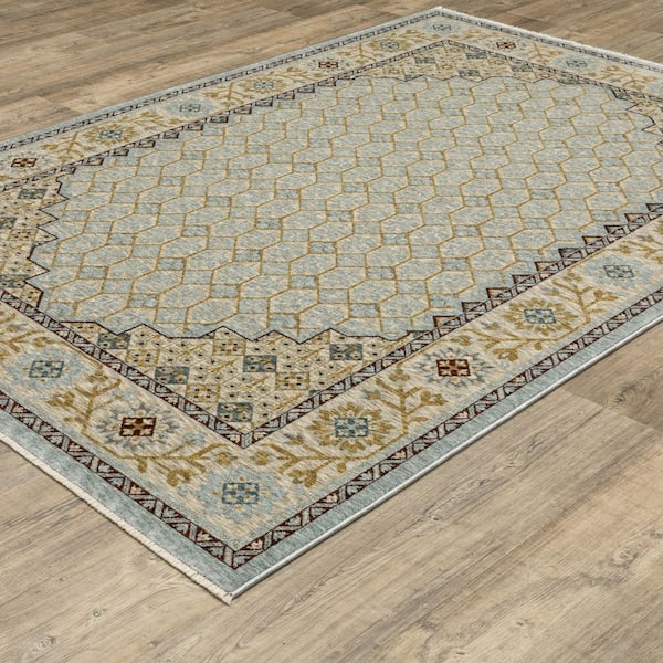 Cage Blue/Gold 10 ft. x 13 ft. Oriental Geometric Floral Polyester Fringe-Edge Indoor Area Rug