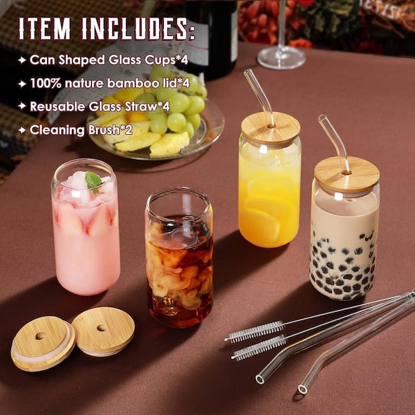 Adrinfly 16 oz. Clear Shaped Drinking Glass Set with Bamboo Lids, 4 Straw and 2 Cleaning Brush (4-Pack)