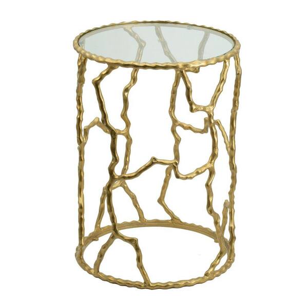 Benjara 17 in. Gold Round Glass end table with Metal Frame BM284699