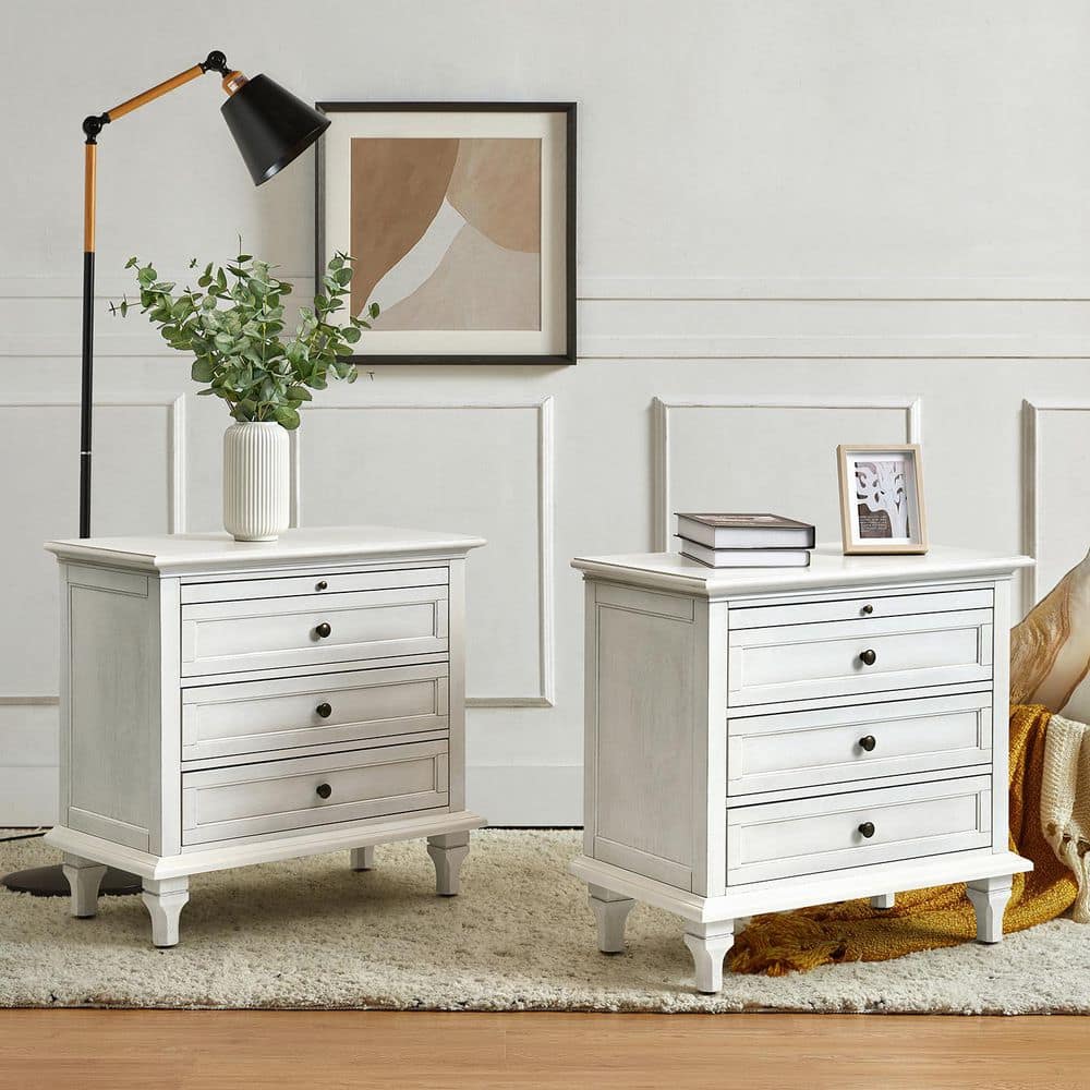 Julia White 27 in. H Traditional 3-Drawer Solid Wood Legs Nightstand with Charging Station Set of 2