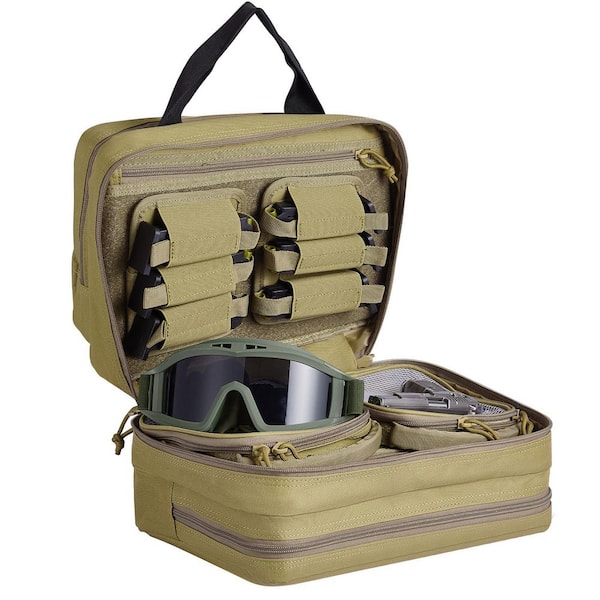 Range Bag for 2 Pistols, 13 in. H, Brown, Backpack, Tactical Gun Bag with 2 Built-in Removable Pistol Bags