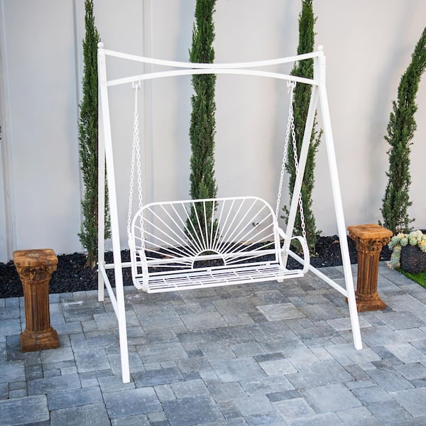 60" Iron Sun-Shaped Hanging Seat for Two, Durable Indoor/Outdoor Swing Bench, White Metal Patio Swing with Sun Pattern