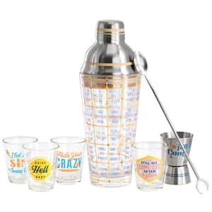 Bordertown Buzz 7-Piece 17 oz. Glass Bar Collection with Drink Recipe Shaker Set in Tan