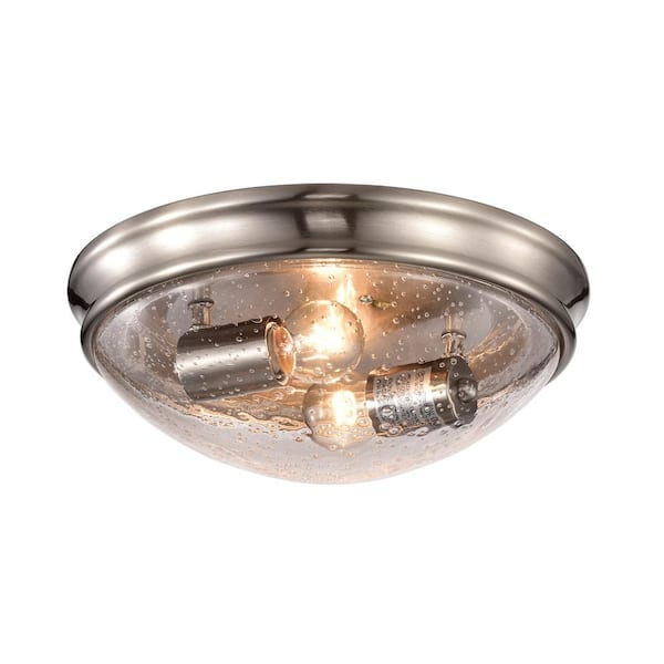 Edvivi Pierre 11 in. 2-Light Brushed Nickel Modern Flush Mount with Seeded Glass Shade
