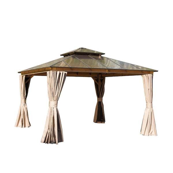 12 ft. x 12 ft. Hardtop Gazebo, Aluminum Permanent Outdoor Gazebo with Polycarbonate Double Roof, Curtain and Net