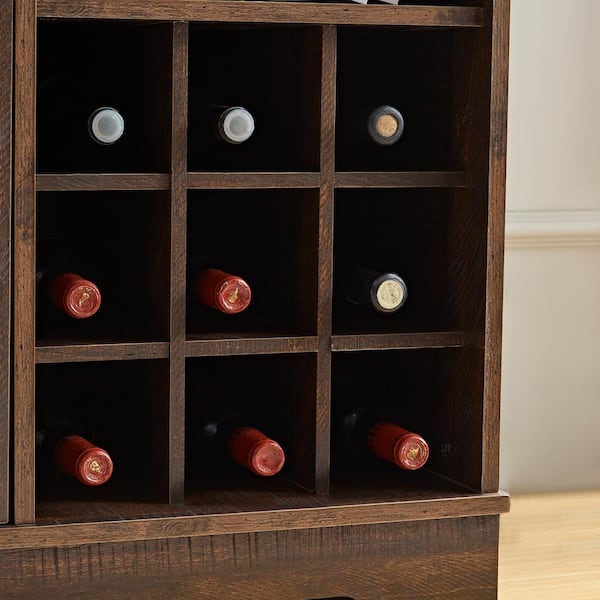 FUNKOL 31.5in x 15.75in x 31.5in Espresso MDF Ready to Assemble Kitchen Cabinet with 1 Barn Wood Cabinet Door and 9 Wine Racks