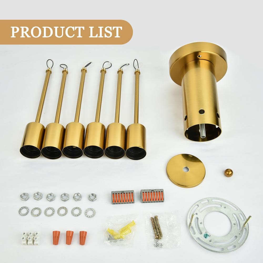 Gold 6-Light Sputnik Semi-Flush Mount Ceiling Fixture