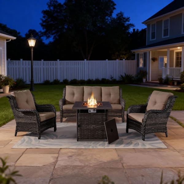 4-Piece Gray Wicker Patio Conversation Set, Sofa, Outdoor Single Chairs Chairs and Fire Pit Table with Gray Cushions