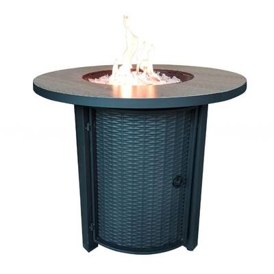 Gray Round Metal Fire Pit Table with Clear Glass Rocks and Woven Metal Base