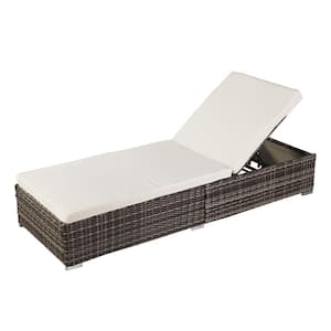 Gray Back Adjustable Rattan Outdoor Lounge Chair Chaise Recliner with White Cushions