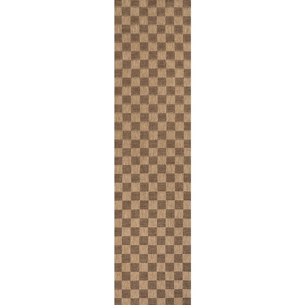 Mason Easy Jute Geometric Boho Checker Weave Natural/Brown 2 ft. x 8 ft. Indoor/Outdoor Runner Rug