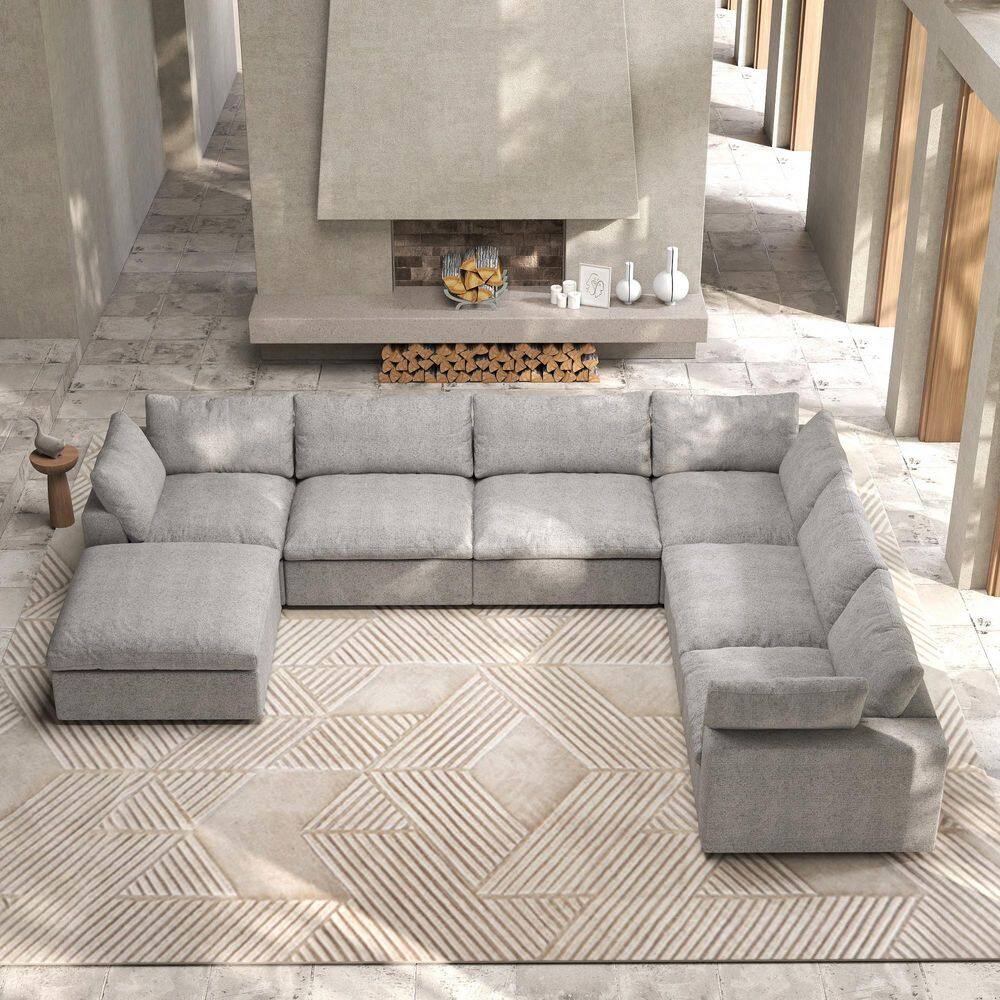7-piece Gray Feather Sectional Sofa 157.3 in. Linen Polyester Modular Free Combination Living Room Set with Storage