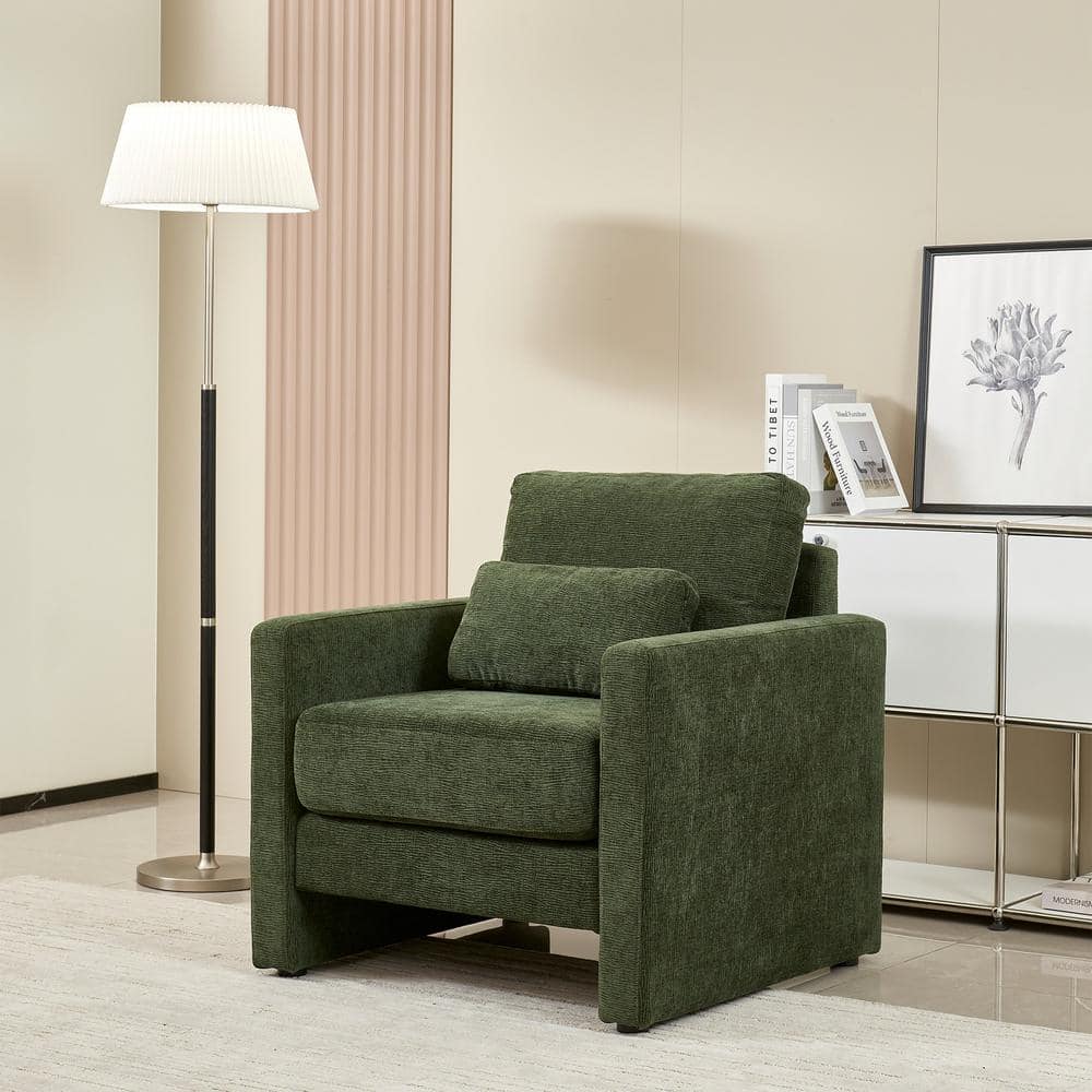 Green Modern Accent Chair Chenille Upholstered Cozy Comfy Armchair with Pil