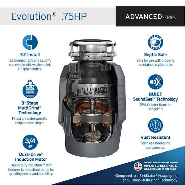 Evolution .75HP, 3/4 HP Garbage Disposal, EZ Connect Continuous Feed Food Waste Disposer with Dishwasher Connector Kit