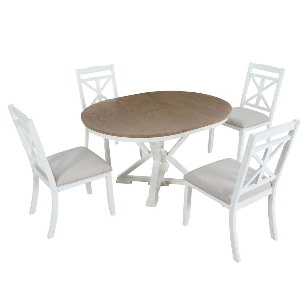 5 Piece Brown and Antique White Wood Dining Set with Extendable Round Table and 4 Upholstered Chairs