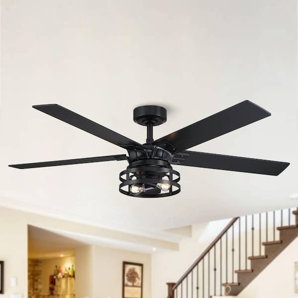 Parrot Uncle 52 in. Indoor Industrial Downrod Mount Black Ceiling Fan with Light Kit and Remote Control