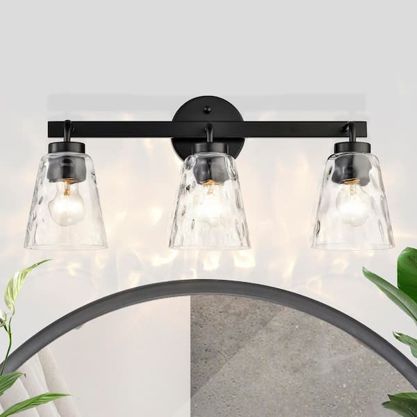 22 in. 3-Light Matte Black Modern Vanity Light with Hammered Clear Glass Shades