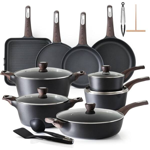 26-Piece Black Nonstick Induction Cookware Set, Healthy Non Toxic Pots and Pans with Bakelite Handles and Glass Lids
