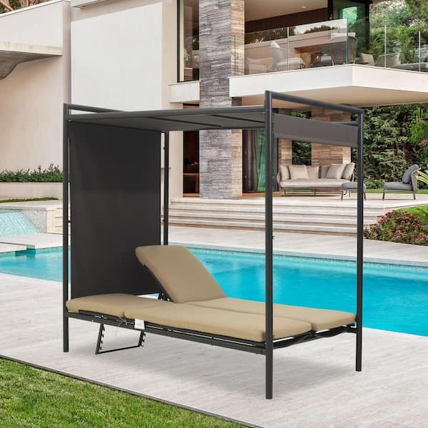 Domi Aluminum Outdoor Day Bed with Adjustable Canopy, Beige Cushions
