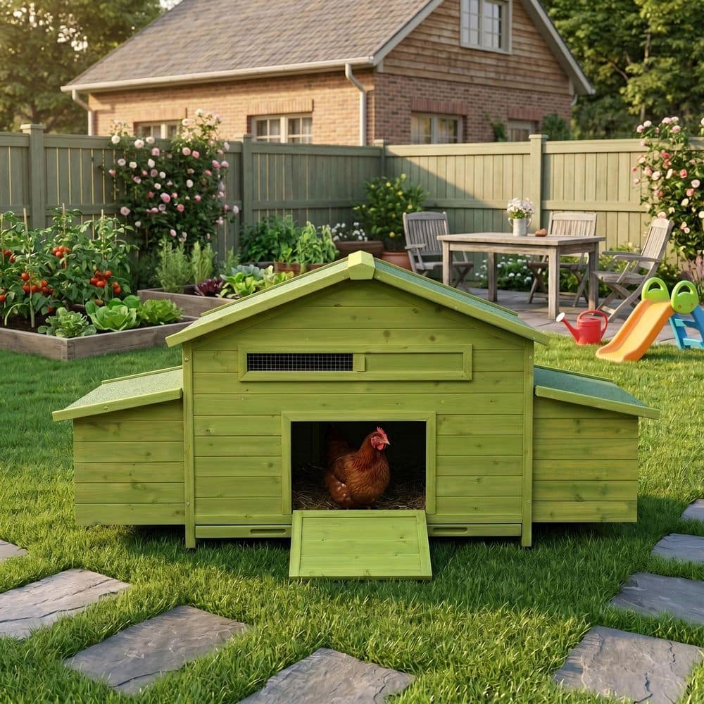 Tunearary 70 in. Green Large Wooden Outdoor Chicken Coop with 2