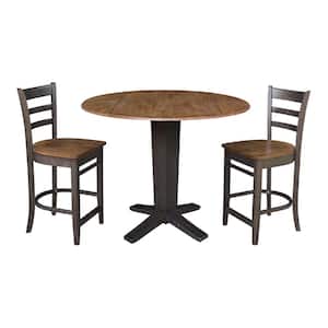 Aria Hickory/Washed Coal 42 in. Solid Wood Drop-Leaf Counter Height Pedestal Table and 2-Emily Stools, Seats-2