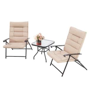 3-Piece Folding Metal Outdoor Bistro Set with Padded Khaki Cushions