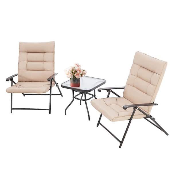 Suncrown 3-Piece Folding Metal Outdoor Bistro Set with Padded Khaki Cushions