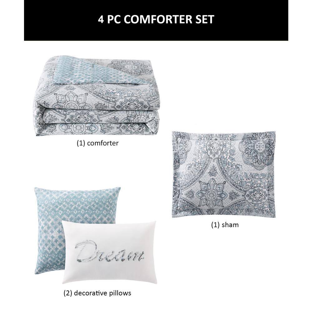 Twin Blue Microfiber Reversible Comforter Set with Geometric Print