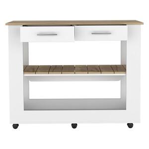 White Wood 46 in. Kitchen Island with 2 Front, Side Drawers, Bottom and Middle Shelves, 6-Wheels with Locking System