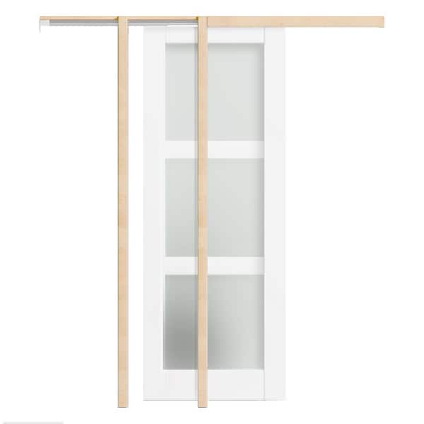TENONER 32 in. x 80 in. 3-Lite, Frosted Glass, Solid Core, DIY Painted, White Primed, MDF Sliding Door with All Hardware