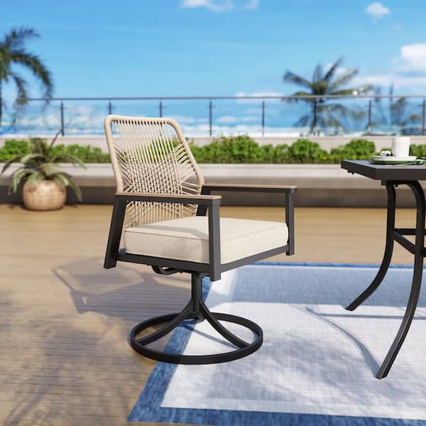 Metal Frame Woven Rope Outdoor Patio Dining Swivel Chair with Beige Cushions (6-Pack)