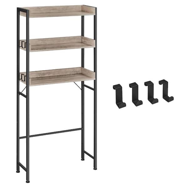 Benjara Kiu 9.84 in. W x 64.96 in. H x 24.8 in. D Brown Wood Bathroom Storage with 3 Shelves and Black Steel