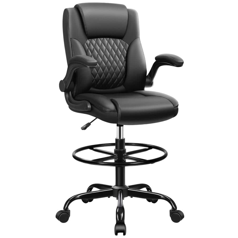 Black Ergonomic Leather Drafting Tall Office Chair with Adjustable Height and Flip-Up Armrests for Counter and Desks